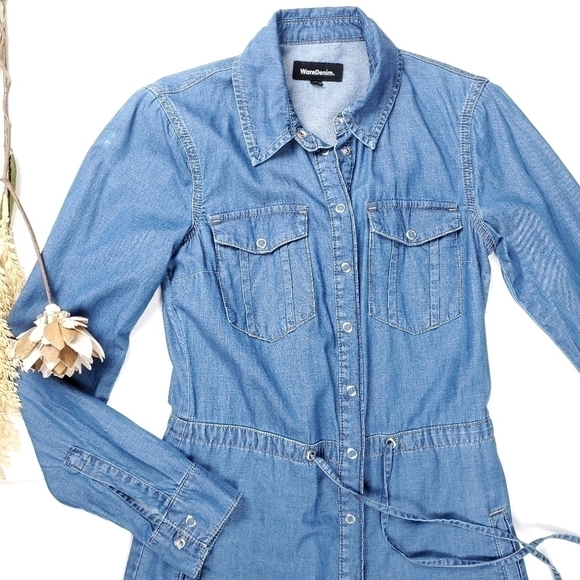 WareDenim Blue Chambray Belted Shirt Dress Size 2 UK 6 - Picture 3 of 14